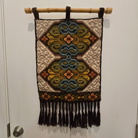 Other - Vintage Swedish Folk Ark Handmade Woven Wool Wall Hanging with Bamboo Rod